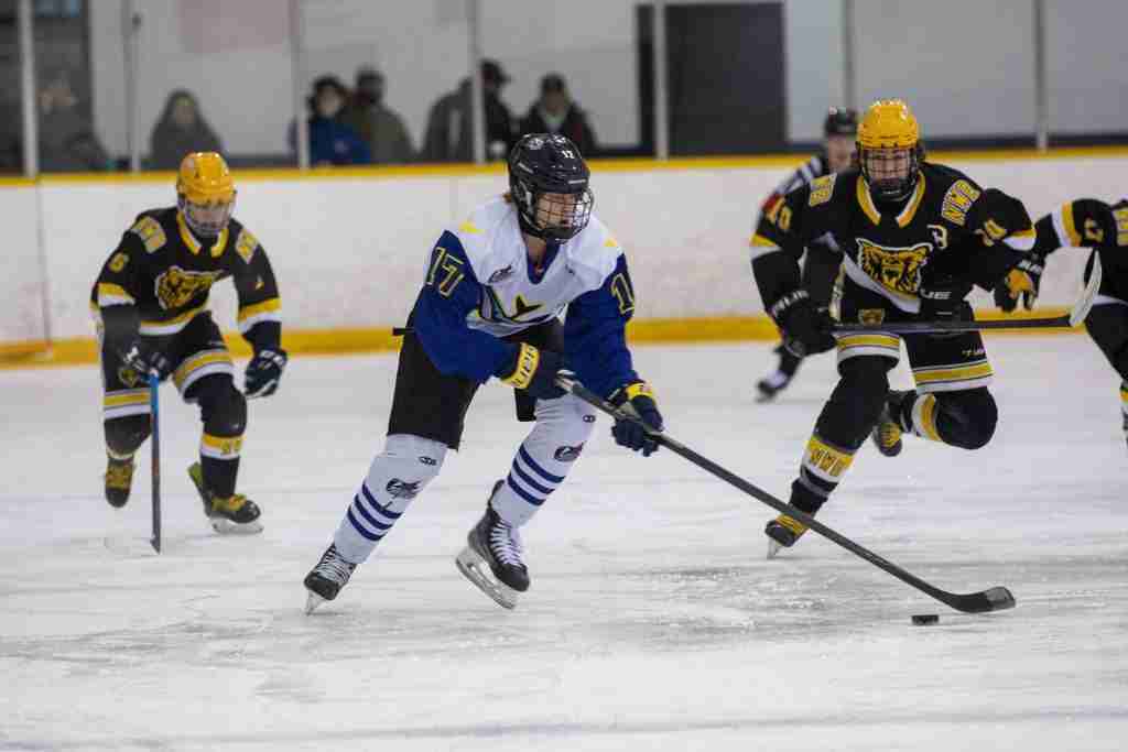 Whales Hockey Player Skating with Puck Vs NWB Hockey Team